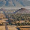 Panoramic view of Teotihuacan in Mexico showing the ancient pyramids and ceremonial complex