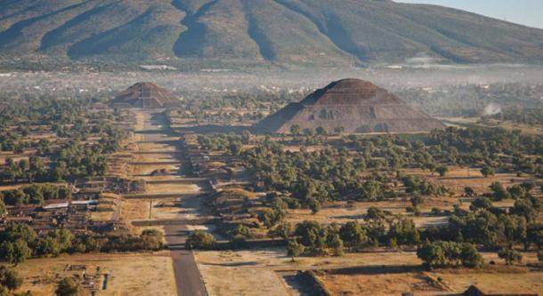 Panoramic view of Teotihuacan in Mexico showing the ancient pyramids and ceremonial complex