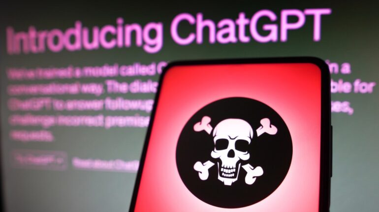 In this photo illustration, the representation of a ransomware is displayed on a smartphone screen and background the page introducing ChatGPT.