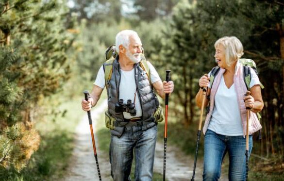 Happy senior couple hiking with trekking sticks and backpacks at the young pine forest