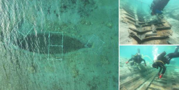 Aerial image of the wreck, and images of marine archaeologists at the wreck.