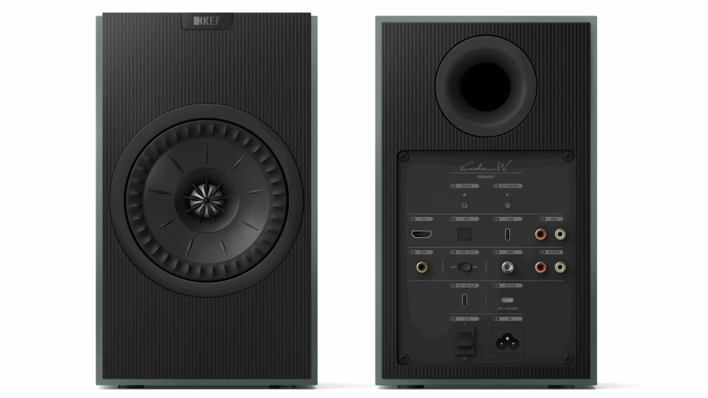 Product shot of the front and back of the KEF Coda W speakers in moss green on a white background