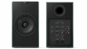 Product shot of the front and back of the KEF Coda W speakers in moss green on a white background