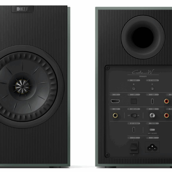 Product shot of the front and back of the KEF Coda W speakers in moss green on a white background