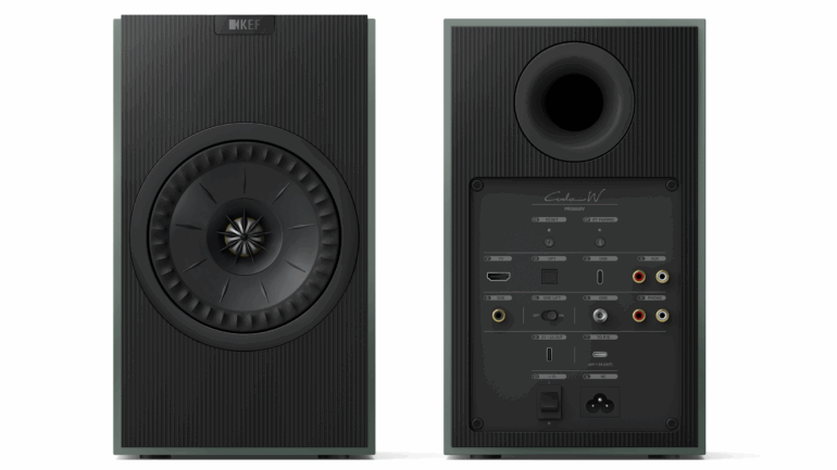 Product shot of the front and back of the KEF Coda W speakers in moss green on a white background