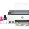 An HP Smart Tank 5101 printer with yellow, cyan, magenta, and black ink bottles.