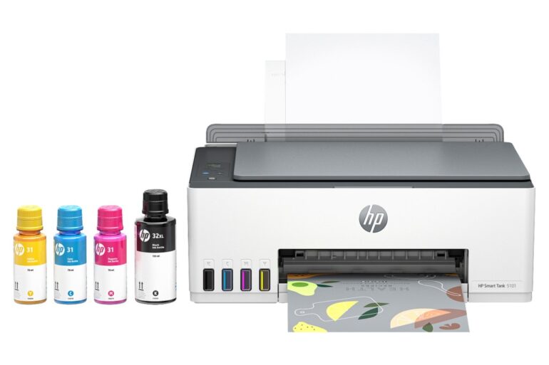 An HP Smart Tank 5101 printer with yellow, cyan, magenta, and black ink bottles.