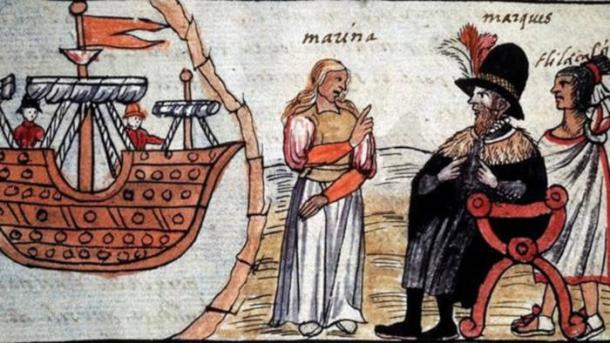 Hernán Cortés and La Malinche depicted in the Durán Codex from 1576