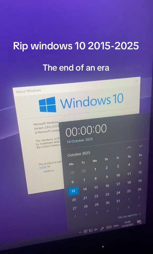 Still of a TikTok video mourning Windows' 10's end.