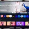 Samsung QN90F smart TV interface showing pet care app