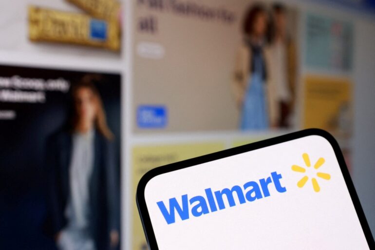 Illustration of the Walmart logo on a smartphone screen.