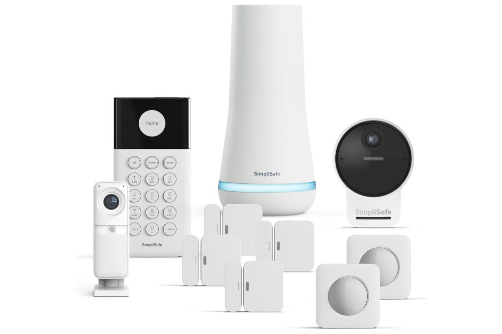 A collection of SimpliSafe smart home security system components, including a keypad, base station, indoor camera, outdoor camera, entry sensors, and motion sensors.
