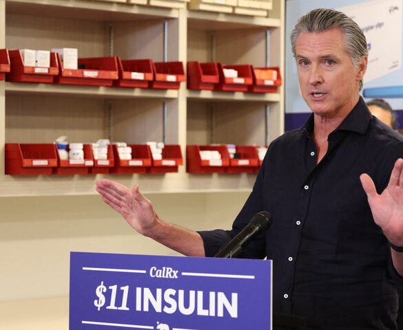 California Gov. Gavin Newsom speaks during a press conference announcing $11 insulin and prescription drugs with the CalRX program inside a Cedars-Sinai pharmacy in Los Angeles, California.