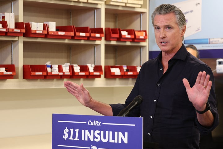 California Gov. Gavin Newsom speaks during a press conference announcing $11 insulin and prescription drugs with the CalRX program inside a Cedars-Sinai pharmacy in Los Angeles, California.