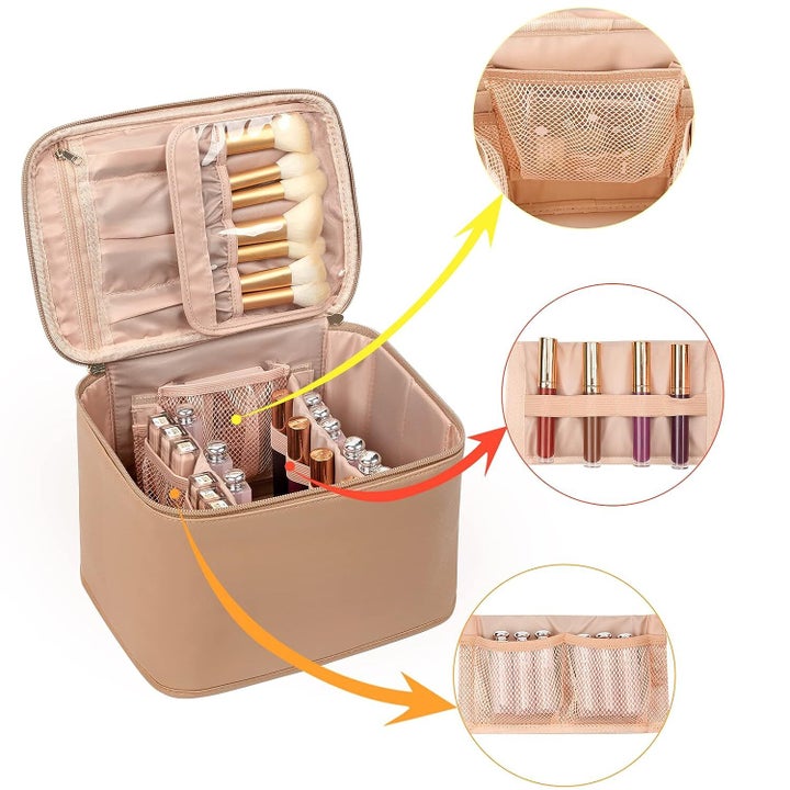 The Ocheal large travel makeup bag and organizer in the color beige apricot.