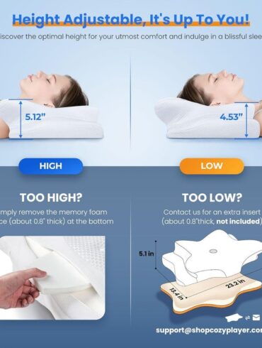 The pillow has an adjustable height.