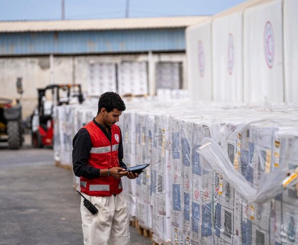A member of the Egyptian Red Crescent takes stock at the aid warehouse in Al-Arish, near the Rafah crossing between Egypt and Gaza, on Oct. 9, 2025.