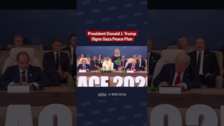 HISTORIC MOMENT. President Trump signs the Gaza Peace Plan for peace in the Middle East
