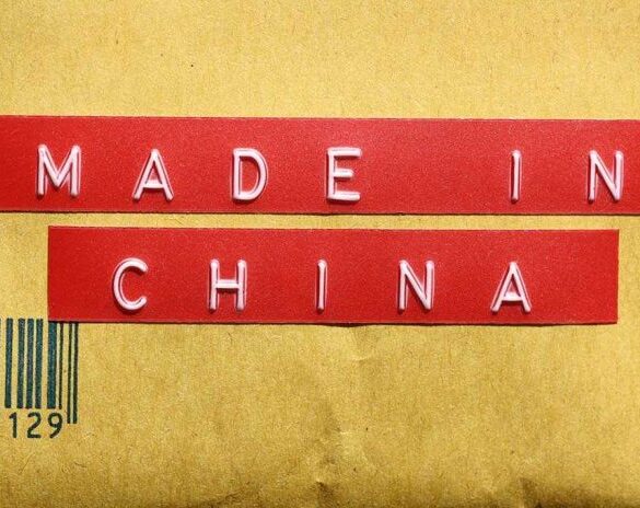 Red label reading MADE IN CHINA on brown packaging