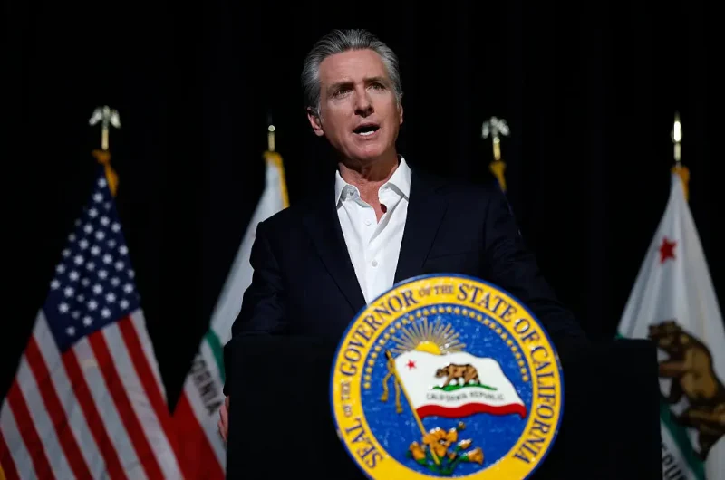 STOCKTON, CALIFORNIA - OCTOBER 22: California Gov. Gavin Newsom speaks to reporters after he participated in a fireside chat at the California Economic Summit on October 22, 2025 in Stockton, California. Gov. Newsom answered questions about the Trump administration's plans to deploy border patrol officers and the National Guard to San Francisco. (Photo by Justin Sullivan/Getty Images)