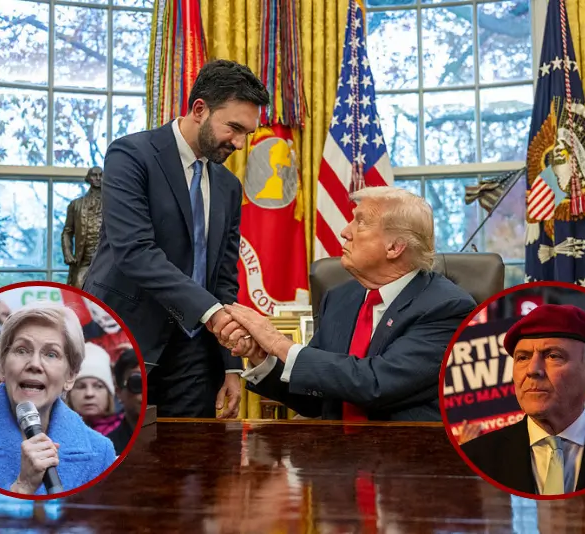 US President Donald Trump (R) shakes hands with New York Mayor-elect Zohran Mamdani as they meet in the Oval Office of the White House in Washington, DC, on November 21, 2025. (Photo by Jim WATSON / AFP via Getty Images) / Sen. Elizabeth Warren (D-MA) speaks as Congressional Democrats and CFPB workers hold a rally to protest the closing of the Consumer Financial Protection Bureau (CFPB) and the work-from-home order issued by CFPB Director Russell Vought outside its headquarters on February 10, 2025 in Washington, DC. (Photo by Jemal Countess/Getty Images for MoveOn) / Republican candidate for mayor of New York City, Curtis Sliwa, campaigns on November 2, 2025 in the Manhattan borough in New York City. A few days before the mayoral election, Sliwa is trailing behind Democrat running as independent candidate, former New York Gov. Andrew Cuomo and Democratic candidate Zohran Mamdani. (Photo by Stephanie Keith/Getty Images)