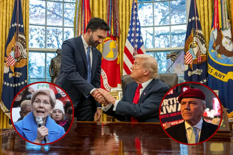 US President Donald Trump (R) shakes hands with New York Mayor-elect Zohran Mamdani as they meet in the Oval Office of the White House in Washington, DC, on November 21, 2025. (Photo by Jim WATSON / AFP via Getty Images) / Sen. Elizabeth Warren (D-MA) speaks as Congressional Democrats and CFPB workers hold a rally to protest the closing of the Consumer Financial Protection Bureau (CFPB) and the work-from-home order issued by CFPB Director Russell Vought outside its headquarters on February 10, 2025 in Washington, DC. (Photo by Jemal Countess/Getty Images for MoveOn) / Republican candidate for mayor of New York City, Curtis Sliwa, campaigns on November 2, 2025 in the Manhattan borough in New York City. A few days before the mayoral election, Sliwa is trailing behind Democrat running as independent candidate, former New York Gov. Andrew Cuomo and Democratic candidate Zohran Mamdani. (Photo by Stephanie Keith/Getty Images)