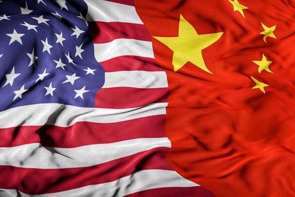 United States flag merged with China flag.