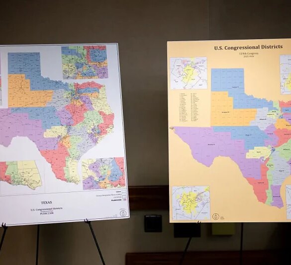 AUSTIN, TEXAS - AUGUST 06: U.S. Congressional District maps are displayed as the Senate Special Committee on Congressional Redistricting meets to hear invited testimony on Congressional plan C2308 at the Texas State Capitol on August 6, 2025 in Austin, Texas. The meeting adjourned early due to a lack of attendees for testimony. Earlier this week, Texas Democratic lawmakers fled the state in an attempt to protest and deny quorum for votes on the proposed Republican redistricting plan, which would secure five additional GOP seats in the U.S. House. Gov. Greg Abbott has threatened to remove lawmakers who do not return and has asked the Texas Supreme Court to expel House Democratic leaders who fled the state. (Photo by Brandon Bell/Getty Images)