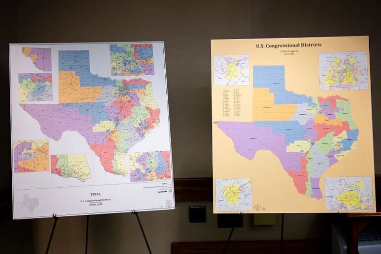 AUSTIN, TEXAS - AUGUST 06: U.S. Congressional District maps are displayed as the Senate Special Committee on Congressional Redistricting meets to hear invited testimony on Congressional plan C2308 at the Texas State Capitol on August 6, 2025 in Austin, Texas. The meeting adjourned early due to a lack of attendees for testimony. Earlier this week, Texas Democratic lawmakers fled the state in an attempt to protest and deny quorum for votes on the proposed Republican redistricting plan, which would secure five additional GOP seats in the U.S. House. Gov. Greg Abbott has threatened to remove lawmakers who do not return and has asked the Texas Supreme Court to expel House Democratic leaders who fled the state. (Photo by Brandon Bell/Getty Images)