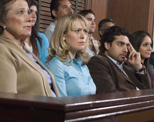 A group of jury members sitting in a courtroom with serious expressions