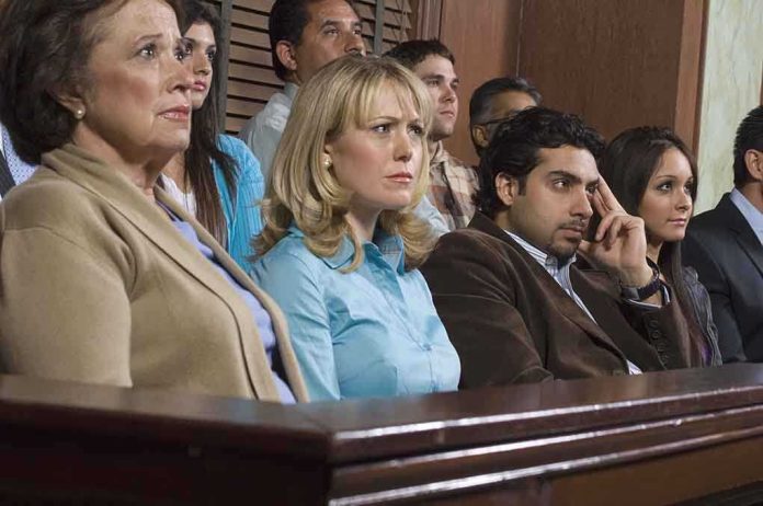 A group of jury members sitting in a courtroom with serious expressions