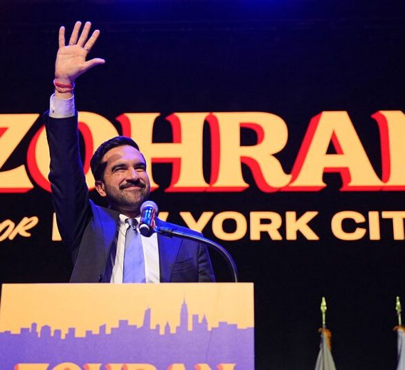 TOPSHOT - New York City Mayoral candidate Zohran Mamdani celebrates during an election night event at the Brooklyn Paramount Theater in Brooklyn, New York on November 4, 2025. New Yorkers elected leftist Zohran Mamdani as their next mayor November 4, 2025 broadcasters projected, on a day of key local ballots across the country offering the first electoral judgement of Donald Trump's tumultuous second White House term. (Photo by Angelina Katsanis / AFP) (Photo by ANGELINA KATSANIS/AFP via Getty Images)