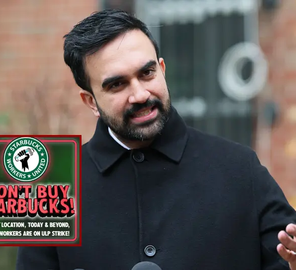New York Mayor-Elect Zohran Mamdani gives brief remarks during a Veteran's Day event at Volunteers of America - Commonwealth Veterans' Residence on November 11, 2025 in the Soundview neighborhood of the Bronx borough in New York City. Mamdani observed Veteran's day by serving meals, speaking with and listening to the concerns of veterans and speaking about the work his upcoming administration will be doing to help. (Photo by Michael M. Santiago/Getty Images) / Starbucks Workers United (X)