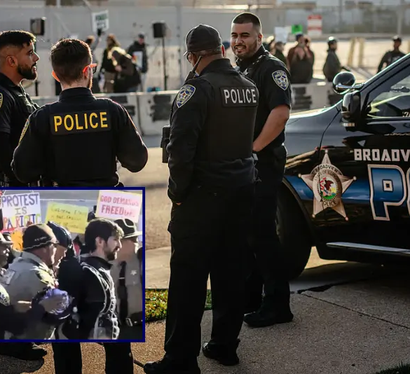 A group of local police officers watch from across the street as demonstrators gather and sing in the "free speech zone" outside the Immigration and Customs Enforcement processing and detention facility on October 31, 2025, in Broadview, Illinois. The Village of Broadview established the restricted protest zone and set curfew hours amid President Donald Trump's administration's "Operation Midway Blitz," an ongoing immigration enforcement surge across the Chicago region. (Photo by Jamie Kelter Davis/Getty Images) / Screen grab of protesters outside of an Immigration and Customs Enforcement (ICE) facility in Broadview, Illinois, on Friday, November 14th, 2025