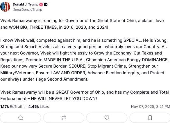 President Trump Endorses Vivek Ramaswamy for Governor of Ohio * 100PercentFedUp.com * by Kaley