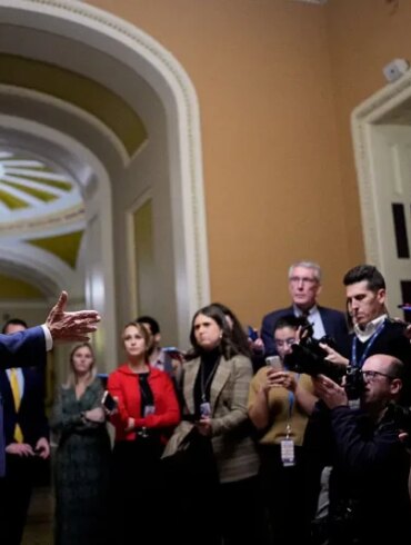 WASHINGTON, DC - NOVEMBER 10: U.S. Senate Majority Leader John Thune (R-SD) speaks to reporters outside the Senate Chamber after the Senate passed legislation to reopen the government on November 10, 2025 on Capitol Hill in Washington, DC. The Senate reached a deal late Sunday to fund the government, aiming to end the longest shutdown in history. (Photo by Andrew Harnik/Getty Images)