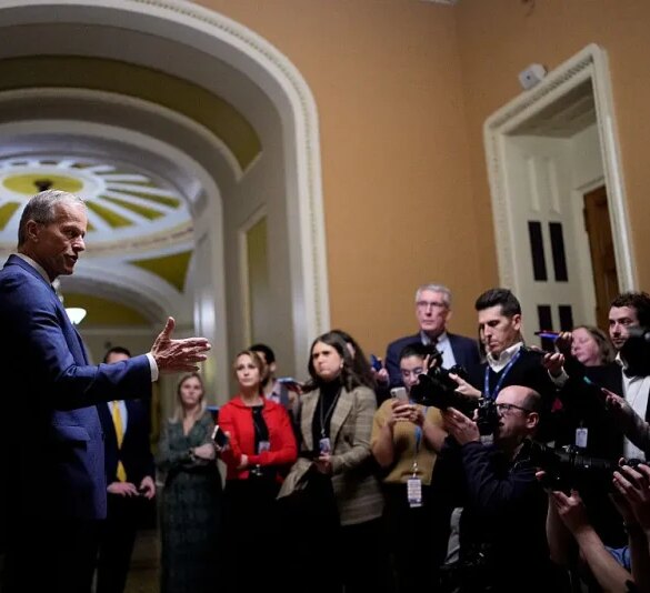 WASHINGTON, DC - NOVEMBER 10: U.S. Senate Majority Leader John Thune (R-SD) speaks to reporters outside the Senate Chamber after the Senate passed legislation to reopen the government on November 10, 2025 on Capitol Hill in Washington, DC. The Senate reached a deal late Sunday to fund the government, aiming to end the longest shutdown in history. (Photo by Andrew Harnik/Getty Images)