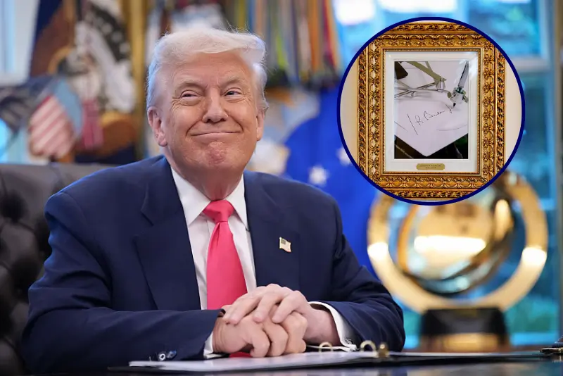 U.S. President Donald Trump speaks in the Oval Office on August 14, 2025 in Washington, DC. Trump is expected to issue a proclamation on the 90th anniversary of Social Security and highlight his administration's efforts on the program. (Photo by Andrew Harnik/Getty Images) / Framed portraits of U.S. President Donald Trump flank an image of former U.S. President Joe Biden's signature and an autopen along "The Presidential Walk of Fame" on the wall of the colonnade outside of the Oval Office as Trump meets with President of Turkey Recep Tayyip Erdogan at the White House on September 25, 2025 in Washington, DC. Trump has signaled that the U.S. might lift a ban on F-35 sales to Turkey during Erdogan's first visit to the White House since 2019. (Photo by Andrew Harnik/Getty Images)