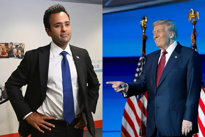 Vivek Ramaswamy attends Charity Day 2025 Hosted by Cantor Fitzgerald Relief Fund at BGC Group on September 11, 2025 in New York City. (Photo by Slaven Vlasic/Getty Images for Cantor Fitzgerald) / U.S. President Donald Trump arrives on stage to deliver remarks during the America Business Forum at the Kaseya Center on November 05, 2025 in Miami, Florida. The forum brings together global leaders, cultural figures and innovators from various sectors for discussions on business, technology and social development. (Photo by Kevin Dietsch/Getty Images)