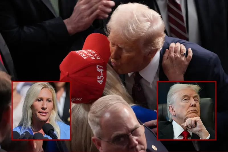 U.S. President Donald Trump kisses Rep. Marjorie Taylor Greene (R-GA) after addressing a joint session of Congress at the U.S. Capitol on March 04, 2025 in Washington, DC. President Trump was expected to address Congress on his early achievements of his presidency and his upcoming legislative agenda. (Photo by Andrew Harnik/Getty Images) / U.S. Representative Marjorie Taylor Greene (R-GA) speaks at a press conference alongside alleged victims of Jeffrey Epstein at the U.S. Capitol in Washington, D.C. on September 3, 2025, announcing the Epstein Files Transparency Act, which calls for the release of all unclassified documents in the Jeffrey Epstein case. (Photo by Bryan Dozier / Middle East Images via AFP) (Photo by BRYAN DOZIER/Middle East Images/AFP via Getty Images) / US President Donald Trump looks on during an event about pharmaceutical drugs in the Oval Office of the White House in Washington, DC on November 6, 2025. Trump announced deals Thursday with pharmaceutical giants Eli Lilly and Novo Nordisk to lower the prices of some popular weight-loss drugs. Both companies "have agreed to offer their most popular GLP-1 weight-loss drug," Trump said, "at drastic discounts." (Photo by ANDREW CABALLERO-REYNOLDS / AFP) (Photo by ANDREW CABALLERO-REYNOLDS/AFP via Getty Images)