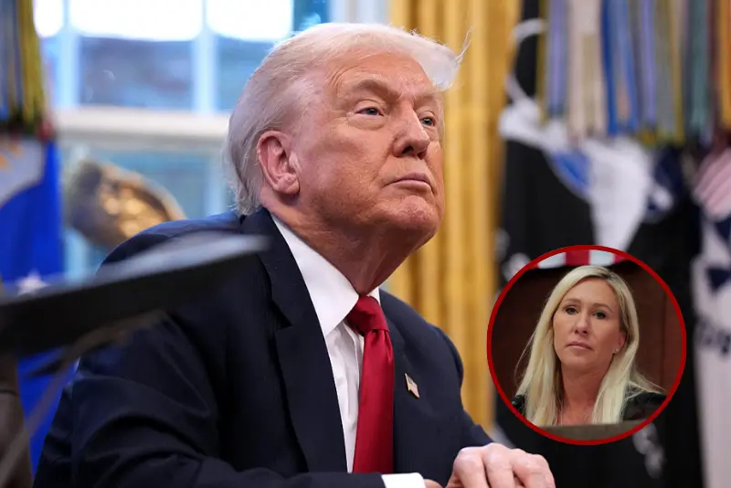 U.S. President Donald Trump delivers remarks during a meeting with New York City Mayor-elect Zohran Mamdani in the Oval Office of the White House on November 21, 2025 in Washington, DC. Trump congratulated Mamdani on his election win as the two political opponents met to discuss policies for New York City, including affordability, public safety, and immigration enforcement. (Photo by Andrew Harnik/Getty Images) / Chair of the Subcommittee on Delivering On Government Efficiency (DOGE) U.S. Rep. Marjorie Taylor Greene (R-SC) presides over a hearing of the House Oversight Subcommittee in the U.S. Capitol on February 26, 2025 in Washington, DC. The subcommittee held the hearing to hear from witnesses on U.S. foreign aid. (Photo by Anna Moneymaker/Getty Images)