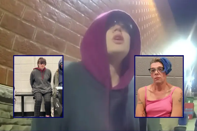 (Background) Screen capture of police body cam footage showing Morgan Geyser's arrest on Sunday, November 23, 2025. / (L) Morgan Geyser (Posen Police Department) / (R) Chad "Charly" Mecca (Posen Police Department)