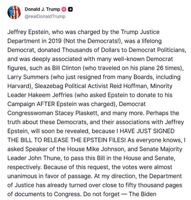 Politics: breaking: trump signs epstein files transparency act — democrats'