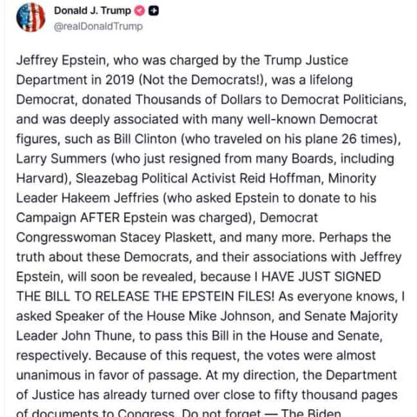 Politics: breaking: trump signs epstein files transparency act — democrats'