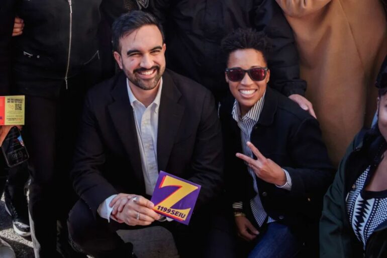 Zohran Mamdani was joined by New York officials in a group photo in Brooklyn, New York, on Tuesday, Nov. 4, 2025.