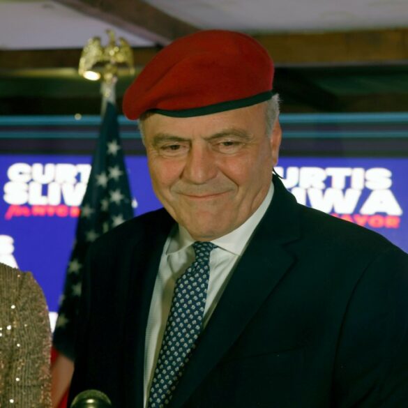 Curtis Sliwa speaks at his election watch party as he concedes the mayoral race at Arte Cafe in Manhattan on Nov. 4, 2025.