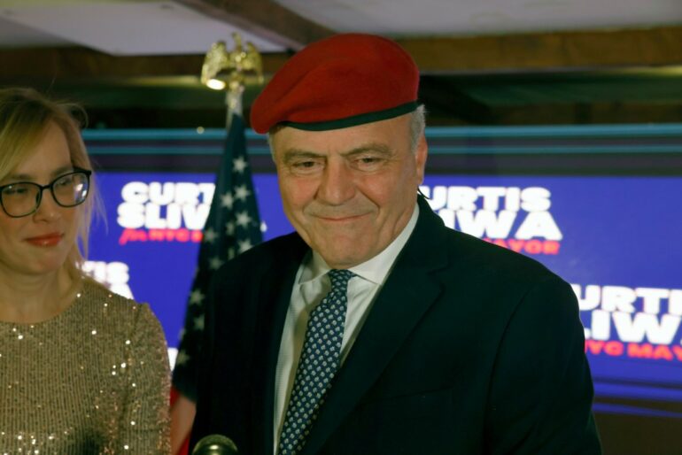 Curtis Sliwa speaks at his election watch party as he concedes the mayoral race at Arte Cafe in Manhattan on Nov. 4, 2025.