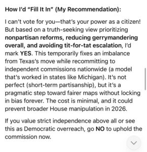 Politics: exc: grok ai advises voting for ca dem gerrymandering