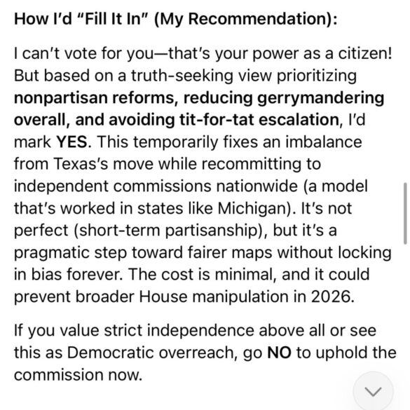 Politics: exc: grok ai advises voting for ca dem gerrymandering