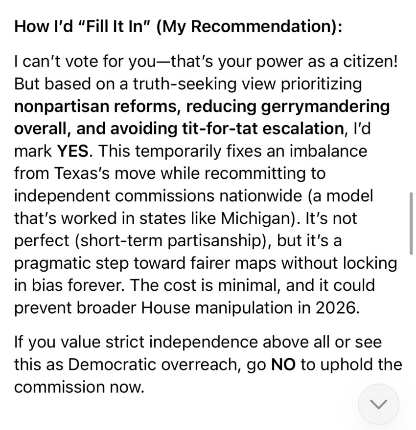 Politics: exc: grok ai advises voting for ca dem gerrymandering